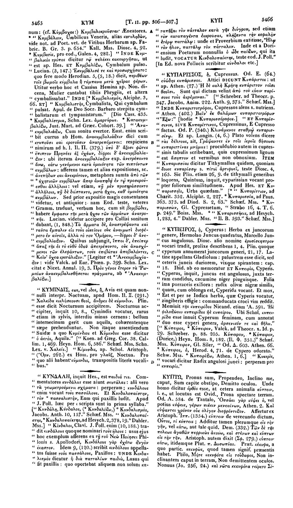 5465 KYM [Τ. II. pp. 506 507.] ΚΥΠ 5466 num: (cf. Κύμβαχοε:) Κνμβαλοκρονσται jeneatores. * " Κνμβάλιον, Umbilicus Veneris, alias κοτυληδών, vide not. ad Poet. vet. de Viribus Herbarum ap. Fabric. B.