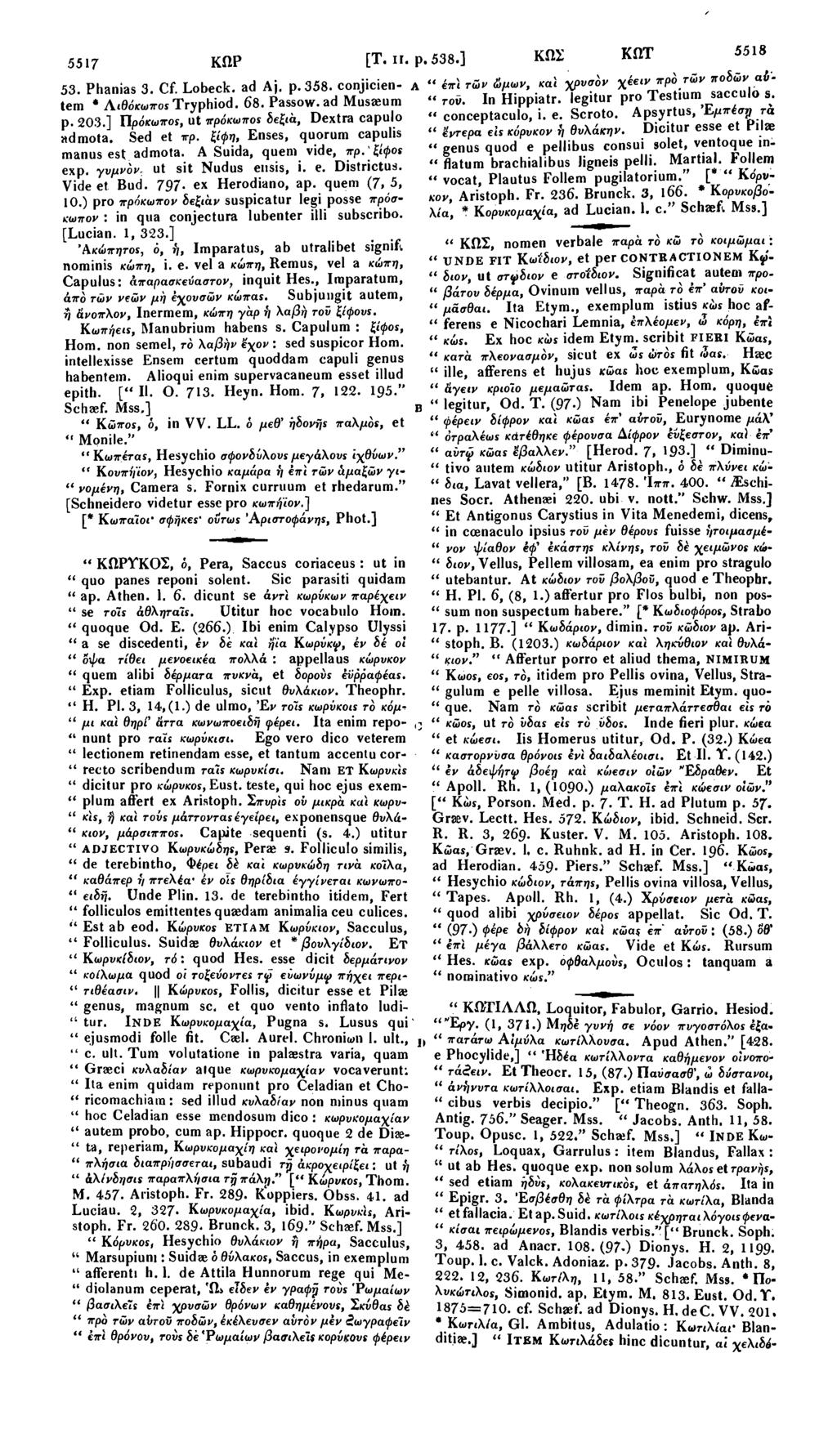 5517 ΚΩΡ 53. Phanias 3. Cf. Lobeck. ad Aj. p. 358. conjicientem * Λιθόκωπος Tryphiod. 68. Passow.ad Museum p. 203.] Πρόκωποs, ut ττρόκωπος δεξιά, Dextra capulo admota. Sed et πρ.