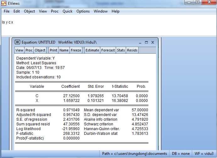 Hình 26 Các kết quả ở bảng trong hình 22 lần lượt là - Dependent Variable : Tên biến phụ thuộc - Method: Least Squares : Phương pháp bình phương tối thiểu (nhỏ nhất).