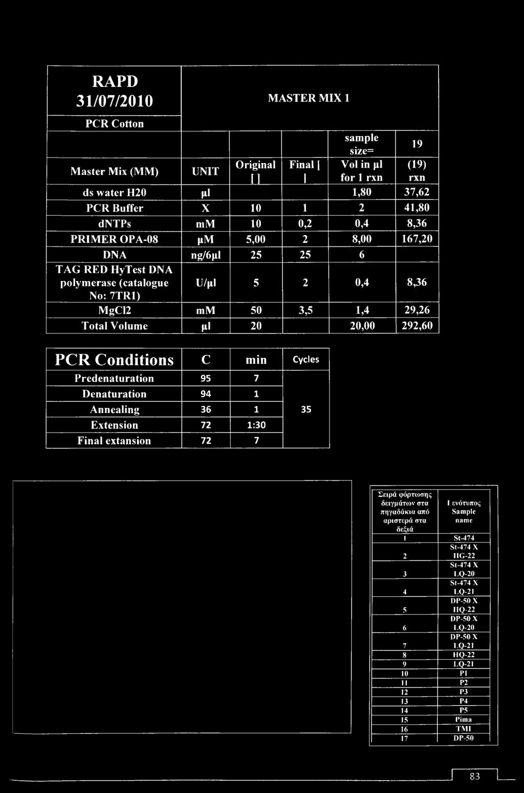 PCR Conditions c min Cycles Predenaturation 95 7 Denaturation 94 1 Annealing 36 1 35 Extension 72 1:30 Final extansion 72 7 Σειρά φόρτωσης δειγμάτων στα Γ ενότυπος πηγαδάκια από Sample αριστερά