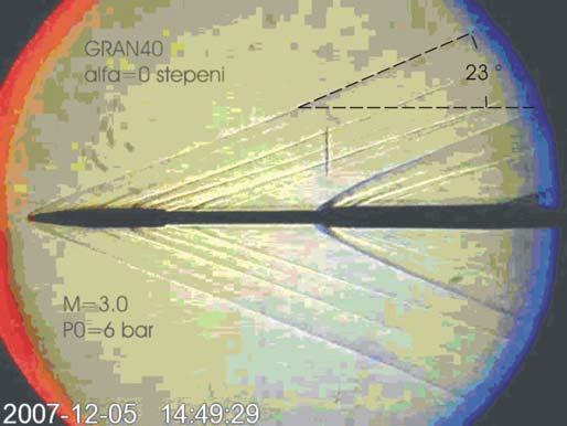 растојању од врха пројектила под углом од 32. Сл. 6 Шлирен слика струјања за М=2,5 при α=0 Сл.