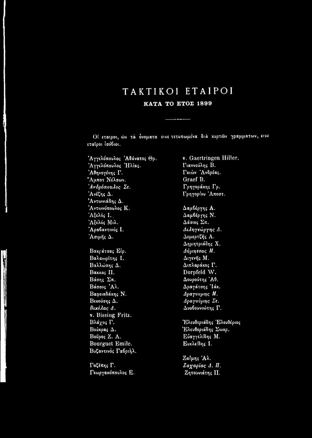 Άξελός Μιλ. Δάσιος Σπ. Άραβαντινός I. Αεληγεώργης Α. Άσιμής Δ. Δεμερτζής Α. Δημητριάδης X. Βαχράτσας Είρ. Αήμηταας Μ. Βαλαωρίτης I. Διγενής Μ. Βαλλώσης Δ. Διπλαράχος Γ. Βαχχας II. Dorpfeld W.