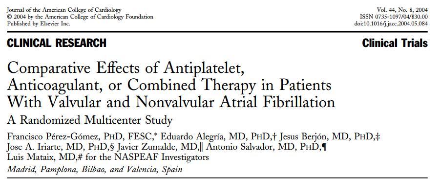 NASPEAF TRIAL The addition of triflusal to reduced intensity anticoagulation in atrial fibrillation patients significantly