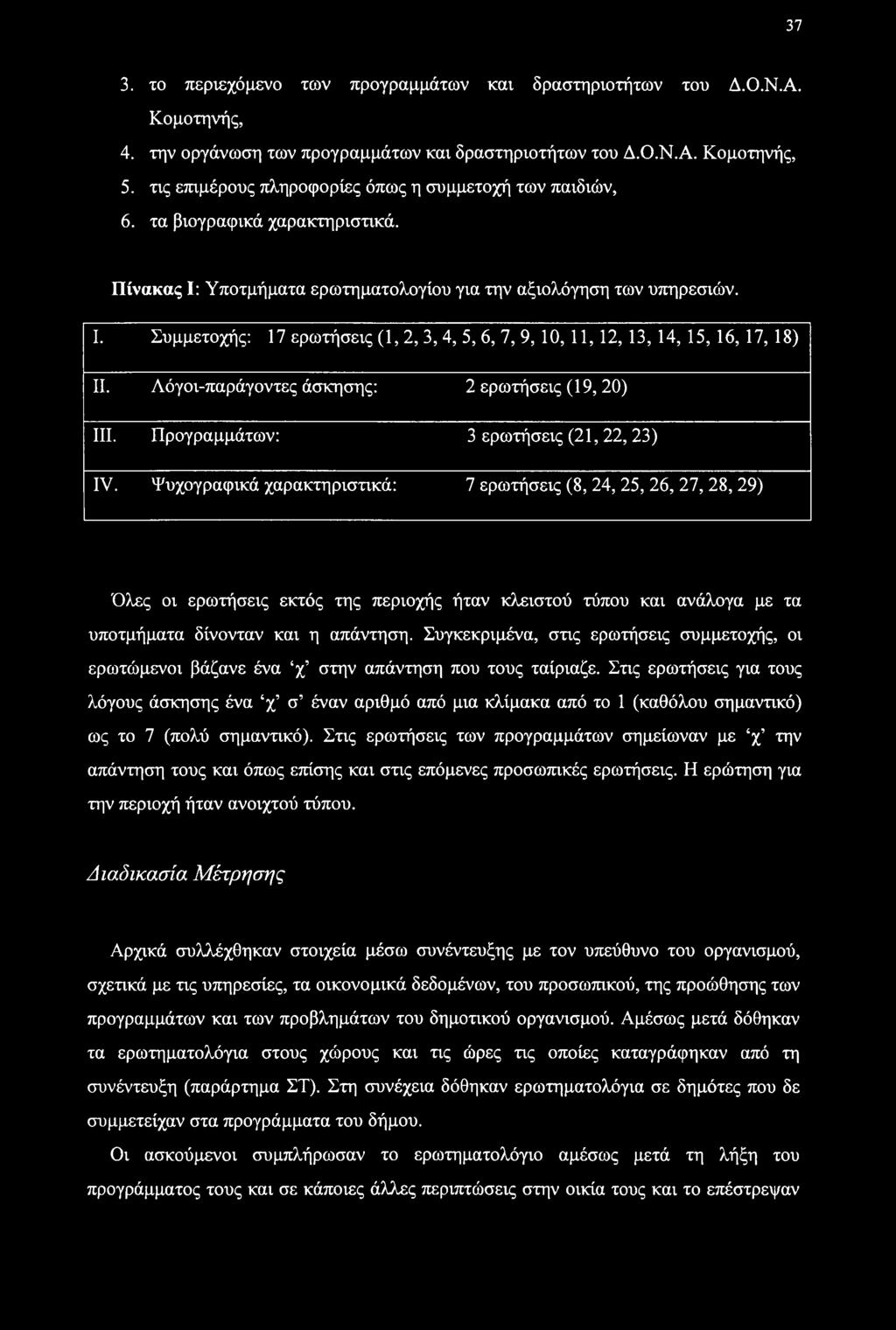 Λόγοι-παράγοντες άσκησης: 2 ερωτήσεις (19, 20) III. Προγραμμάτων: 3 ερωτήσεις (21, 22, 23) IV.