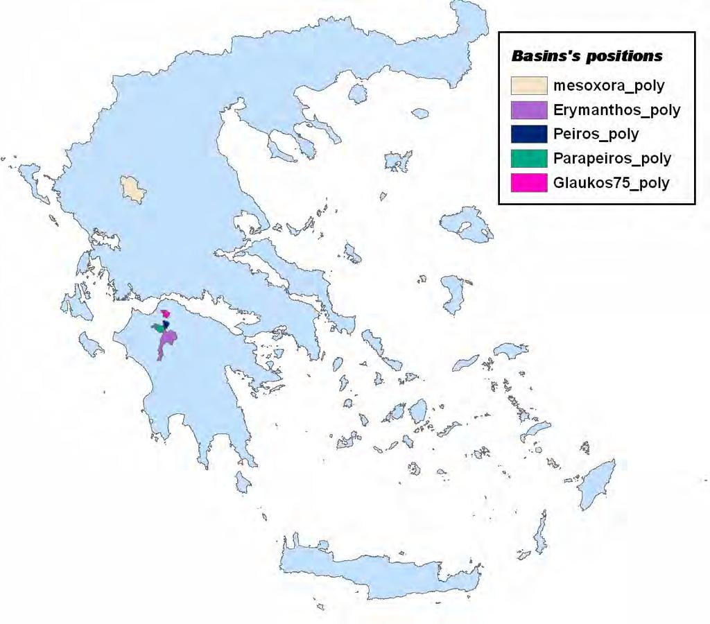 Κεφάλαιο 4 o -Ρύθµιση του µοντέλου ENNS για τις λεκάνες Γλαύκου, Ερύµανθου, Μεσοχώρας και Myakka, Florida Η.Π.Α. Σχήµα 4.5 Οι θέσεις των πέντε λεκανών του ελλαδικού χώρου που µελετήθηκαν (ArcGis 9.