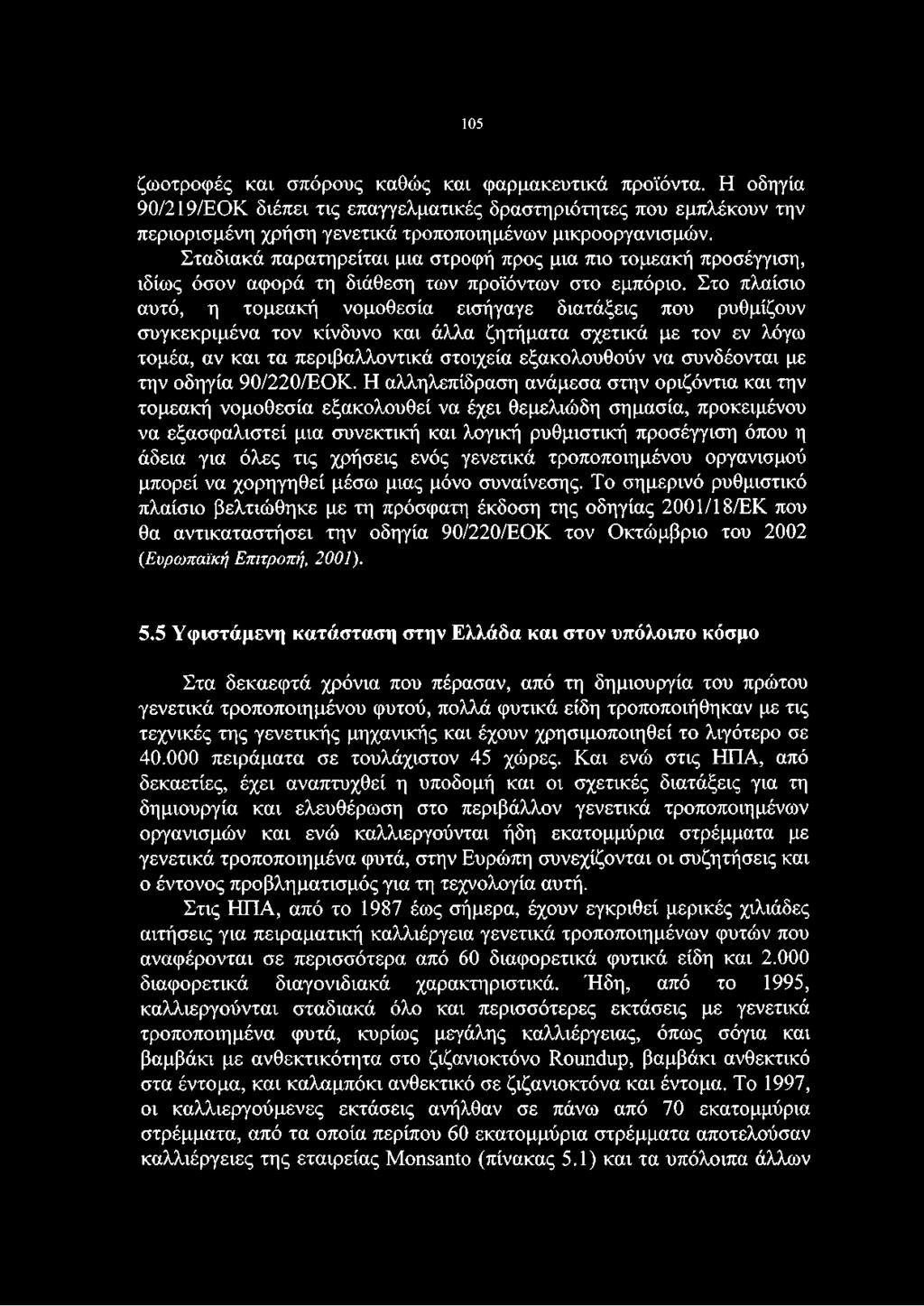 105 ζωοτροφές και σπόρους καθώς και φαρμακευτικά προϊόντα. Η οδηγία 90/219/ΕΟΚ διέπει τις επαγγελματικές δραστηριότητες που εμπλέκουν την περιορισμένη χρήση γενετικά τροποποιημένων μικροοργανισμών.