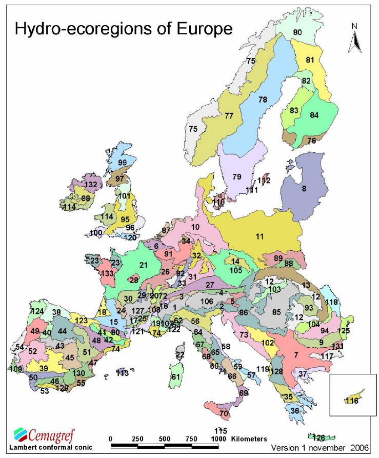Εικόνα 1.3.2.1. Οι Υδρο οικοπεριοχές τις Ευρώπης (Wasson et al.