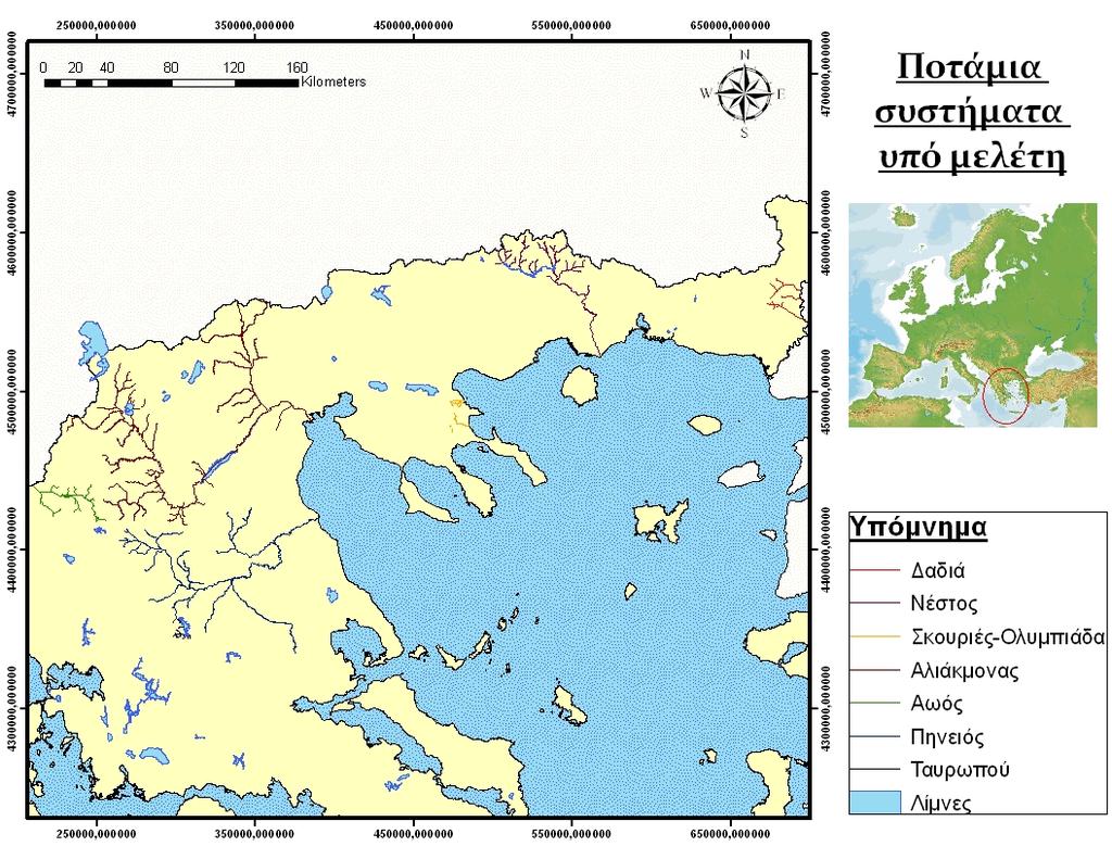 Εικόνα 2.1.3. Ποτάμια συστήματα της Ελλάδας υπό μελέτη. Figure 2.1.3. Rivers in Greece under study.