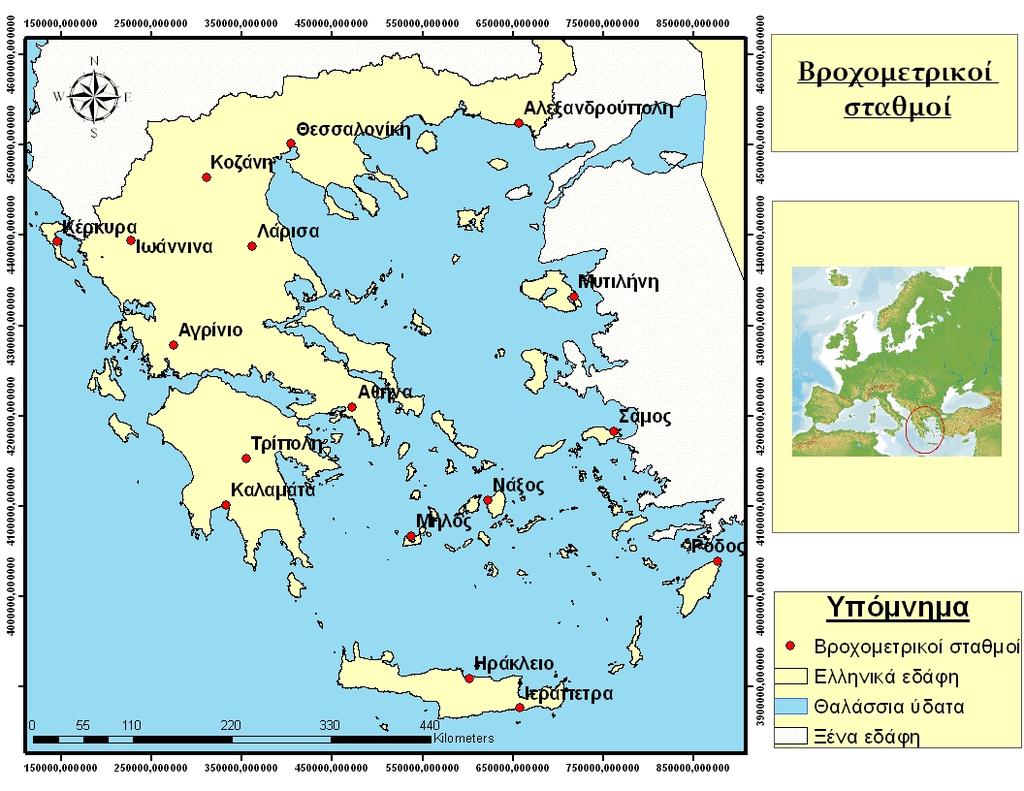 Εικόνα 2.2.2.5.1. Βροχομετρικοί σταθμοί των οποίων τα δεδομένα χρησιμοποιήθηκαν για την κατάταξη Köppen. Figure 2.2.2.5.1. Meteorology stations in Greece, whose data were used for the Köppen classification.