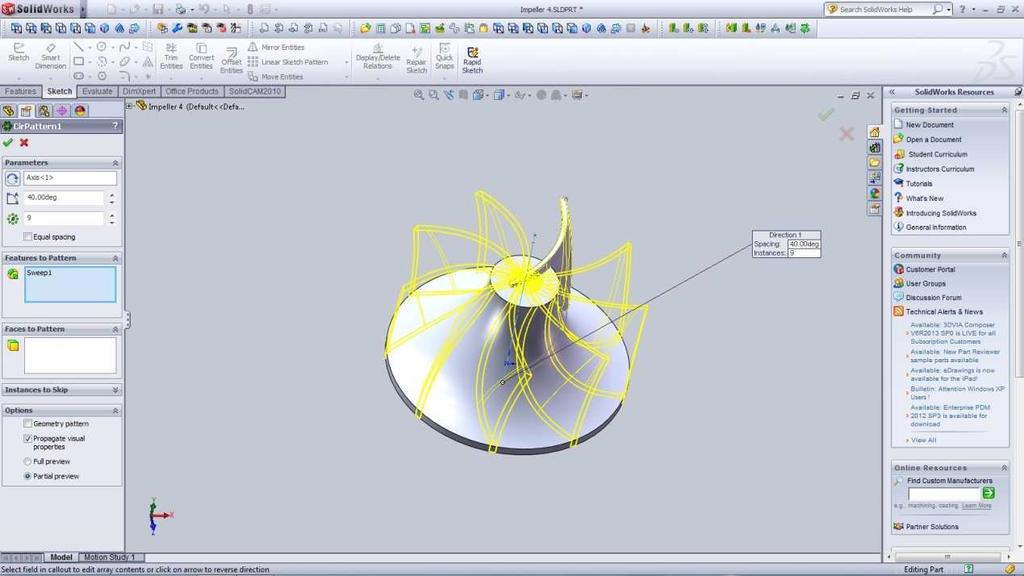 Παρουσίαση του χρησιµοποιούµενου λογισµικού CAD/CAM Circular Pattern Η εντολή δίνει τη δυνατότητα άµεσης αναπαραγωγής σε κυκλικό µοτίβο ενός προτύπου που καθορίζεται από το σχεδιαστή.