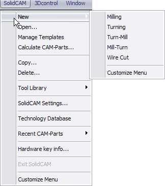 Παρουσίαση του χρησιµοποιούµενου λογισµικού CAD/CAM 2. Ακολουθούµε την παρακάτω διαδροµή και επιλέγουµε SolidCAM > New > Milling, για να ορίσουµε νέα κατεργασία φρεζαρίσµατος. Εικόνα 3.2.2 Μενού δηµιουργίας νέας κατεργασίας 3.