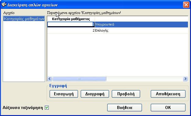 7.2 Γραμματεία - Καταχώρηση Στοιχείων Μαθημάτων Η γραμματεία στη συνέχεια καταχωρεί τις κατηγορίες μαθημάτων, π.χ. Υποχρεωτικά, Επιλογής (Εικόνα 7.