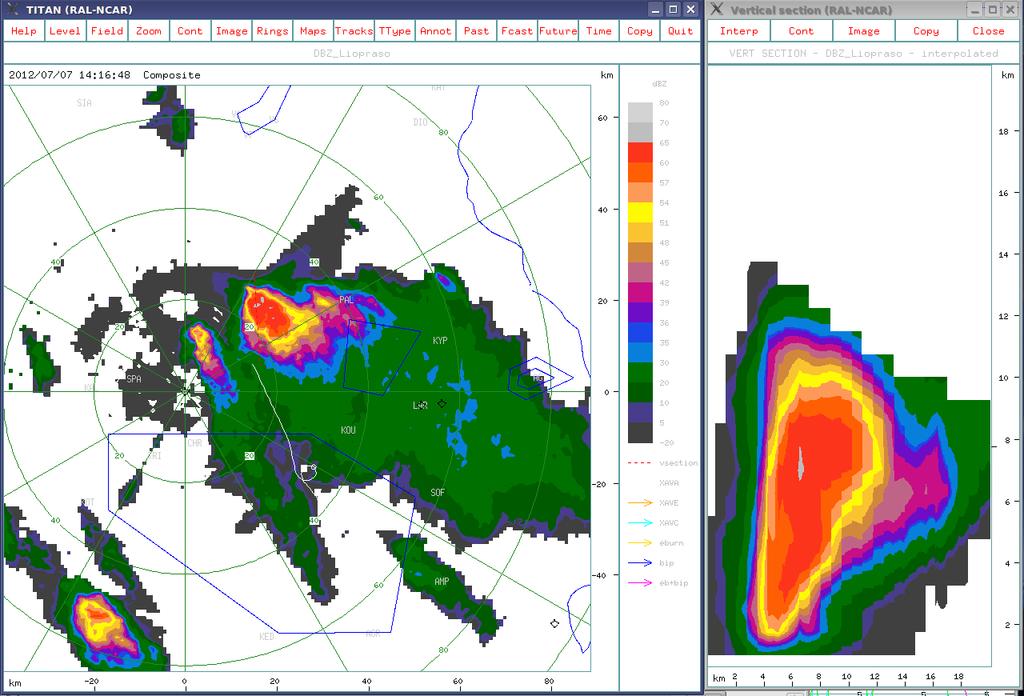 Εικόνα 7.4. Ραντάρ Λιόπρασου, στιγμιότυπο από την καταιγιδοφόρο δραστηριότητα της 7ης Ιουλίου 2012 στη Λάρισα 7.4.8. Π.Ε. Ξάνθης Στον παρακάτω Πίνακα 7.9.