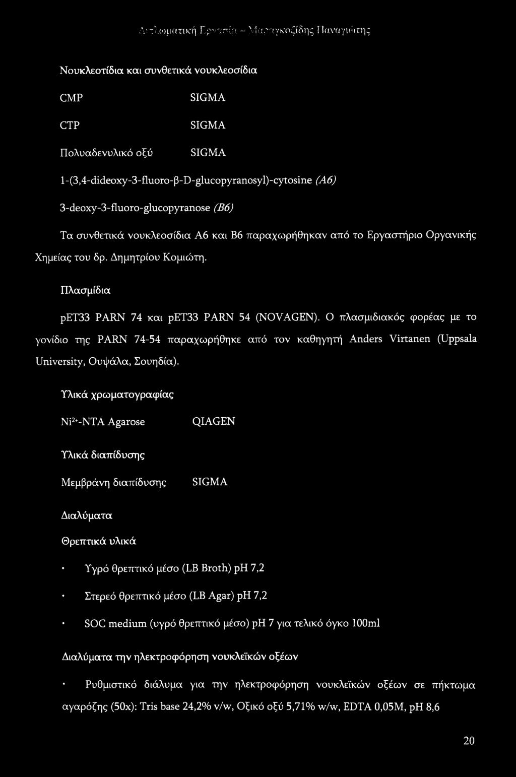Ο πλασμιδιακός φορέας με το γονίδιο της PARN 74-54 παραχωρήθηκε από τον καθηγητή Anders Virtanen (Uppsala University, Ουψάλα, Σουηδία).