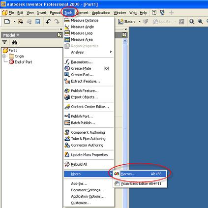 Παρουσίαση Λογισμικού 48 Σχήμα 4.2 : Περιβάλλον Inventor Για να εκτελεστεί μια υπορουτίνα επιλέγεται Tools >Macro >Macros.