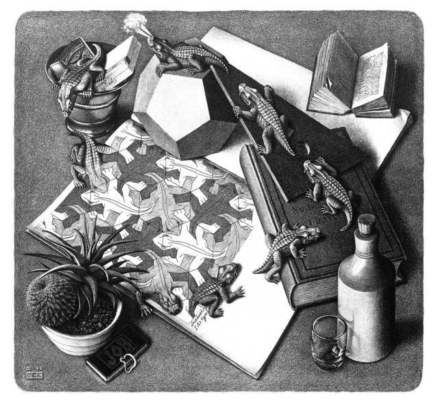 Maurits Cornelis Escher μαζί, εμπλέκονται και δημιουργούν ένα πολύπλοκό, πολύπλευρο, αισθητικό ψηφιδωτό που φέρει με την σειρά του πολλαπλές ερμηνείες.
