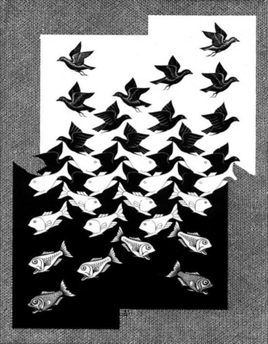Maurits Cornelis Escher ΟΥΡΑΝΟΣ ΚΑΙ ΝΕΡΟ ΙΙ Κλειδί για την ανάγνωση του έργου του ολλανδού χαράκτη Maurits Cornelis Escher (1898-1972) αποτελεί η λέξη «μεταμόρφωση» που έχει δώσει και τον τίτλο σε