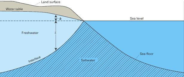 Σχήμα 2.2. Κατανομή γλυκού-αλμυρού νερού σε παράκτιο υδροφορέα (Barlow, 2003). Αν λάβουμε υπόψη ότι ρ s =1,025 gr/cm 3 και ρ f =1 gr/cm 3 τότε η σχέση 2.1 γίνεται: Z= 40h f (2.
