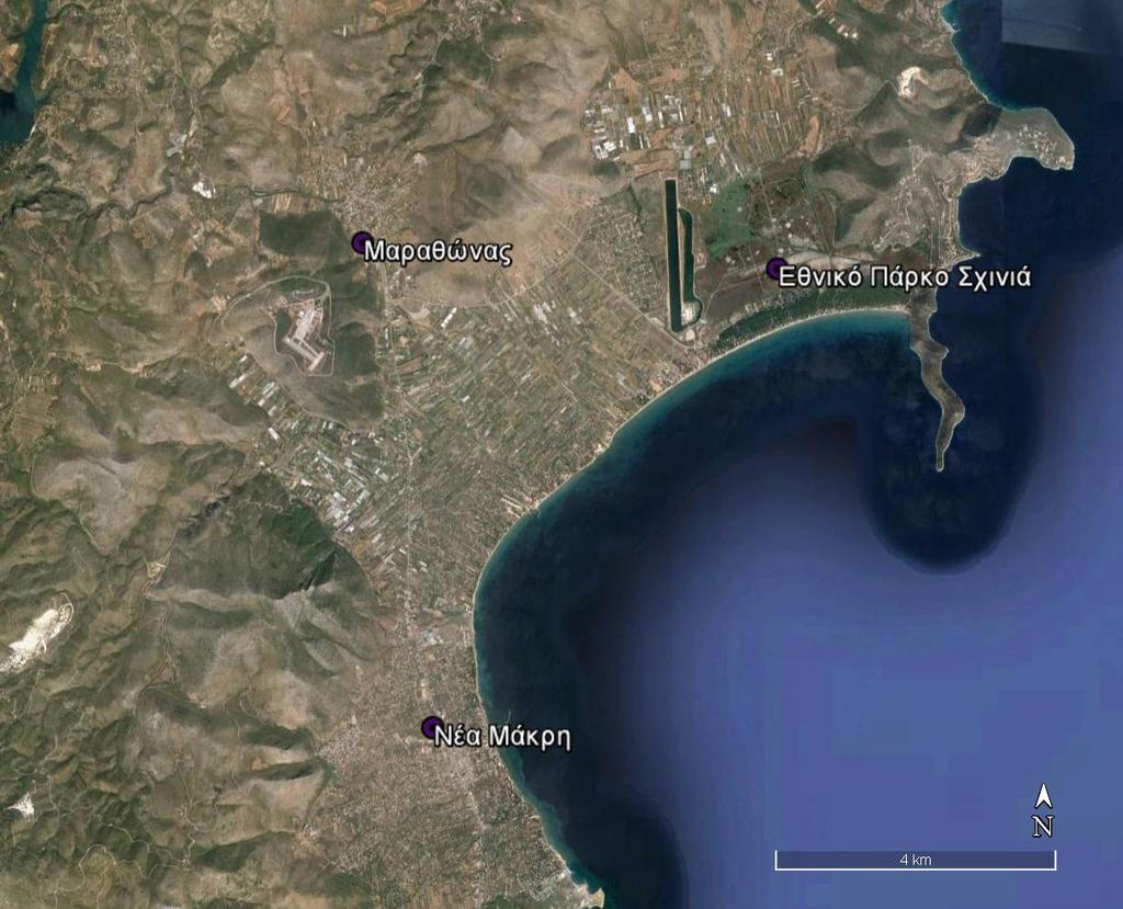 Σχήμα 3.2 Η πεδιάδα του Μαραθώνα (Πηγή: Google Earth) Η περιοχή της πεδιάδας είναι μία έκταση με ιδιαίτερη ιστορική και αρχαιολογική σημασία.