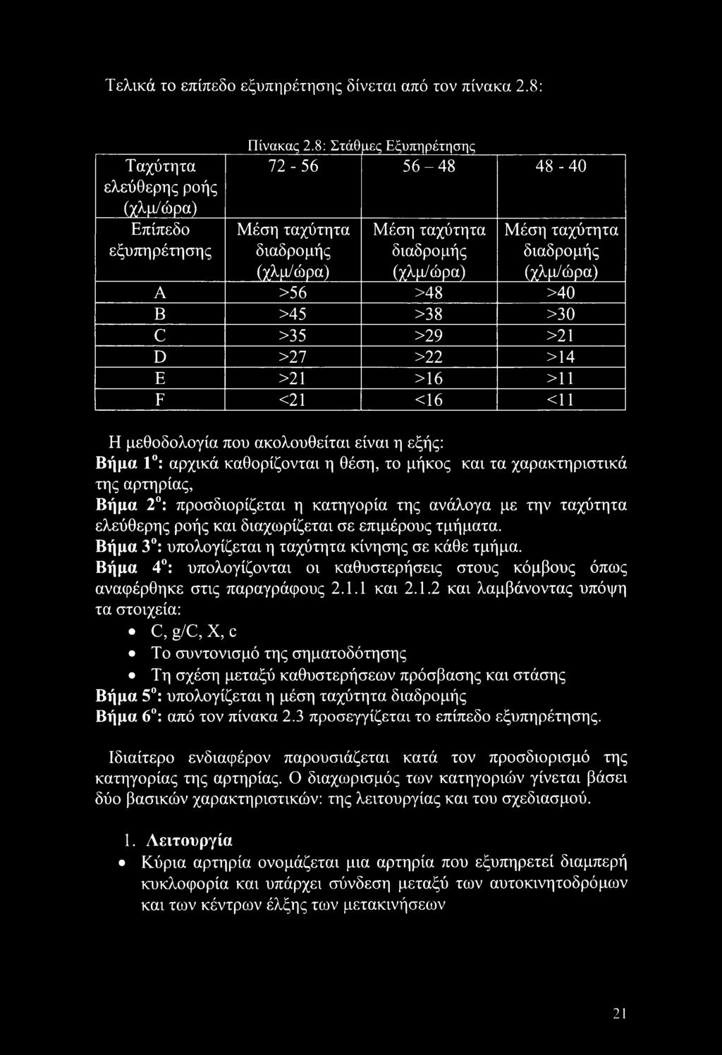 >14 Ε >21 >16 >11 F <21 <16 <11 Η μεθοδολογία που ακολουθείται είναι η εξής: Βήμα 1 : αρχικά καθορίζονται η θέση, το μήκος και τα χαρακτηριστικά της αρτηρίας, Βήμα 2 : προσδιορίζεται η κατηγορία της