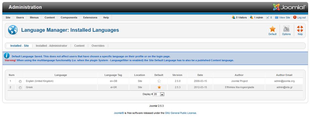 Κεφάλαιο 4 ο Χρήση του Joomla στον ιστότοπο Βήμα 3: Επιλογή ελληνικής γλώσσας ως γλώσσα περιοχής διαχείρισης μέσω του Language Manager.