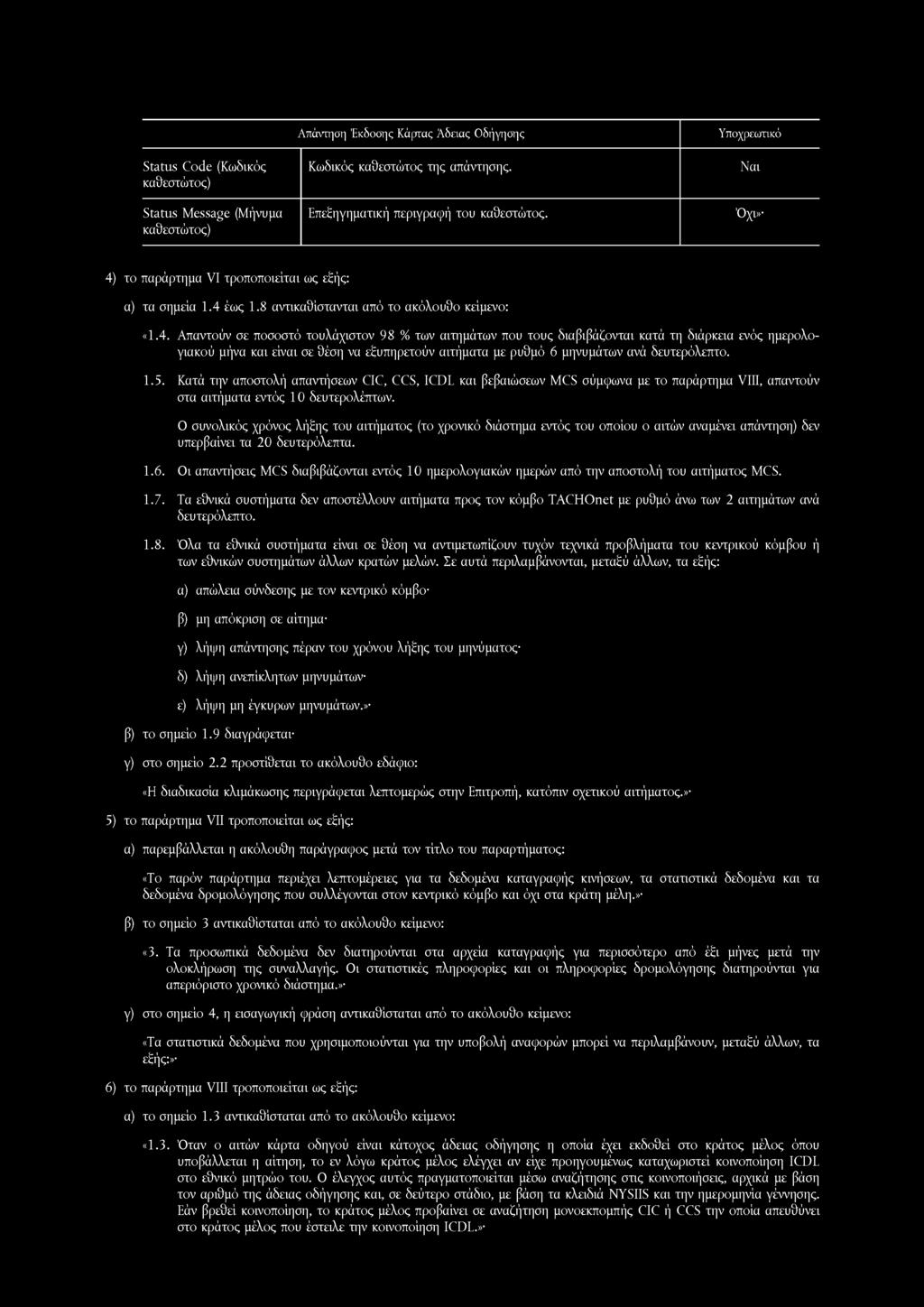 1.5. Κατά την αποστολή απαντήσεων CIC, CCS, ICDL και βεβαιώσεων MCS σύμφωνα με το παράρτημα VIII, απαντούν στα αιτήματα εντός 10 δευτερολέπτων.