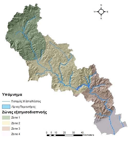 Εικόνα 4 7 Ζώνες εξατμισοδιαπνοής λεκάνης ποταμού Νέστου Στο παρακάτω διάγραμμα δίνεται το διάγραμμα της μέσης μηνιαίας ηλιακής ακτινοβολίας (Directnormalirradiation (Wh/m 2 /day))και μέσης μηνιαίας