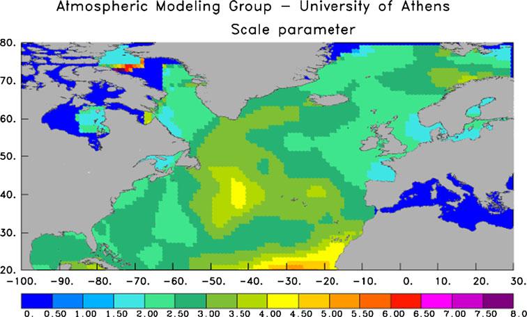 12 The scale parameter of the Weibull distributions that fit to the significant wave height satellite data over the north Atlantic ocean for the months March May the Hanson and Phillips formulation