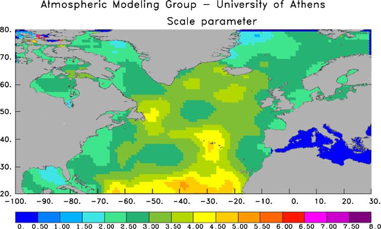 14 The scale parameter of the Weibull distributions that fit to the significant wave height satellite data over the north Atlantic ocean for the months September November The increased values of the