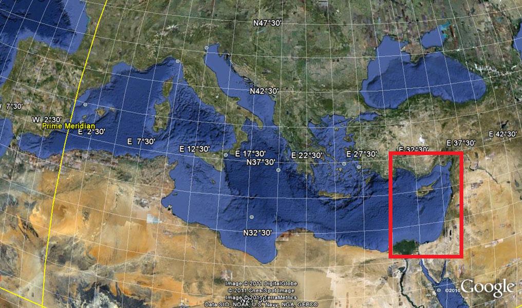 Mar Geophys Res (2012) 33:1 15 3 Fig. 1 The area of interest. The red rectangle indicates the restricted area of study (Levantine Sea).