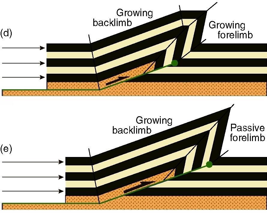 Πτυχές από επέκταση ρήγματος (fault-propagation folds) κινούνται μαζί με το επεκτεινόμενο όριο απόληξης του ρήγματος Πιο απότομα και συχνά ανεστραμμένα μπροστινά
