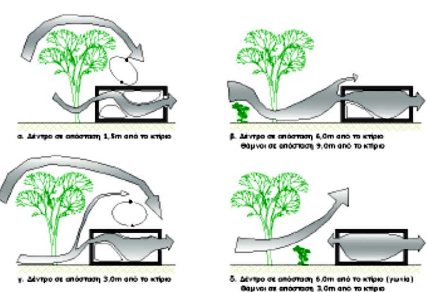 Ένα διαπερατό φυσικό φράγμα, όπως μια συστοιχία δένδρων είναι αποτελεσματικό στη μείωση της ταχύτητας του ανέμου.
