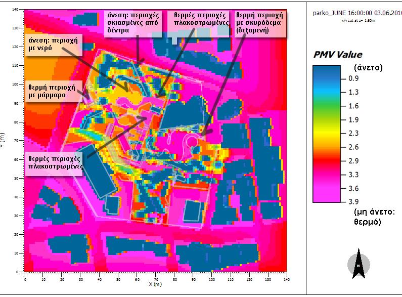 πλακόστρωσης, ή του σκυροδέματος και η περιοχή της λίμνης που παρουσιάζει ευνοϊκές συνθήκες και η περιοχή με επίστρωση από μάρμαρο με ιδιαίτερα αυξημένη τιμή του δείκτη PMV.