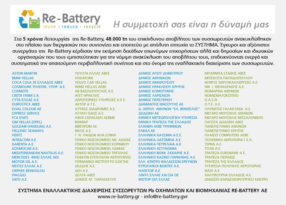 Ε.Π.ΕΝ.ΔΙ.ΣΥΣ Re-BatteryΑ.Ε. Καταχώρηση στο περιοδικό PLANT 13/12/2016. Καταχωρήσεις στην εφημερίδα «ΤΟ ΣΥΝΕΡΓΕΙΟ».