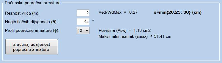 Nakon proračuna potrebnih koeficijenata prikazuje se Group Box Računska poprečna armatura, gdje je potrebno unijeti reznost vilica i nagib tlačnih dijagonala, te odabrati željeni profil uzdužne