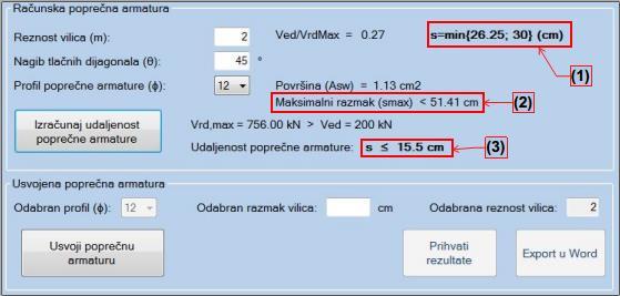 Odabir profila poprečne armature Odabirom profila poprečne armature prikaže se maksimalni razmak spona ovisan o površini armature prema (Tablica 1.2. ).