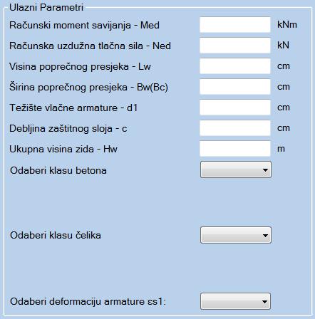 U novom prozoru prvo je potrebno unijeti dimenzije, rezne sile i ostale karakteristike zida za koji će se izvršiti proračun (Slika 2.40. ).