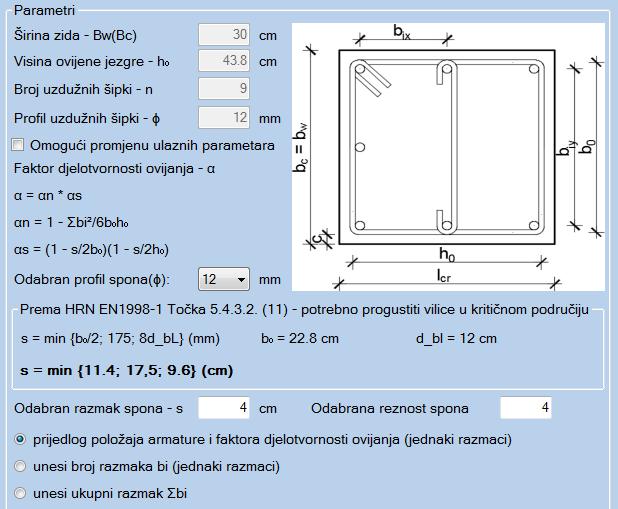 koeficijent bezdimenzionalne uzdužne sile U slučaju 0.15 d - ukoliko je ovaj uvjet ispunjen, potrebno je detaljiranje lokalne duktilnosti prema EC8 opisano u točki 1.3.1. 0.15 d klikom na botun Provjeri armaturu, otvara se novi okvir u kojem je potrebno odrediti faktor djelotvornosti ovijanja (Slika 2.