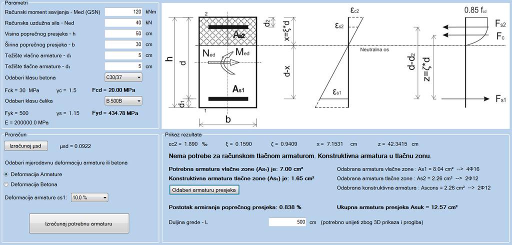 3.2.2. Dimenzioniranje presjeka sa uzdužnom vlačnom silom za jednostruko armirani presjek (grafički prikaz iz programa) Slika 3.2.