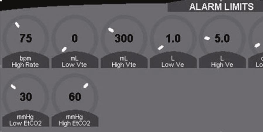 Συστήματα αερισμού AVEA 143 Συναγερμοί Σχήμα 5-7: Συναγερμοί καπνομετρίας Υψηλό EtCO 2 Δημιουργεί ένα συναγερμό χαμηλής προτεραιότητας αν η παρακολουθούμενη τιμή EtCO2 υπερβαίνει αυτή τη ρύθμιση