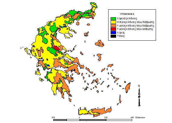 ΚΕΦΑΛΑΙΟ 6: ΠΡΟΣΟΜΟΙΩΣΕΙΣ ΑΠΟΚΡΙΣΗΣ ΤΗΣ ΛΕΚΑΝΗΣ ΑΠΟΡΡΟΗΣ Σχήμα 6.1. Χάρτης δυνητικού κινδύνου ερημοποίησης της Ελλάδας (Ζαλίδης,1999).