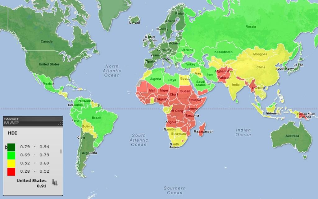 Слика 8. Светска мапа HDI - по земљама за 2013. годину Извор: https://www.google.rs/search?q=world+map+hdi+2013 Светска мапа HDI у 2013.
