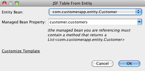 Δημιουργία της σελίδας Web για την προβολή των πελατών (5/17) 3. Στο παράθυρο διαλόγου με τίτλο "JSF Table from Entity" που εμφανίζεται επιλέγουμε "com.customerapp.