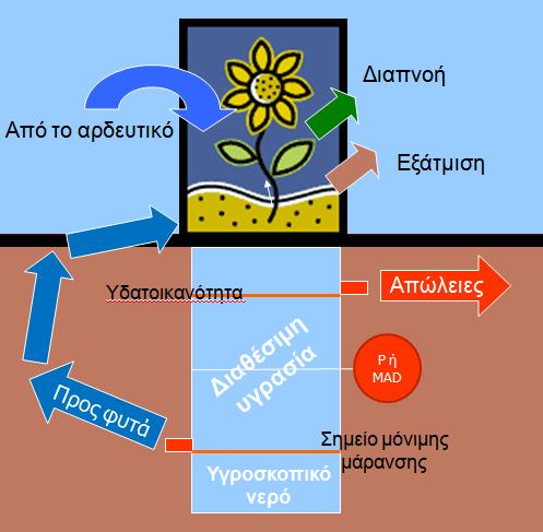 την υγρασία του εδάφους, την καλλιέργεια μέσω του βάθους του ενεργού ριζοστρώματος και το μετά από ποιο ποσοστό εξάντλησης της διαθέσιμης υγρασίας πρέπει να γίνει ξανά άρδευση (δεν την εξαντλούμε