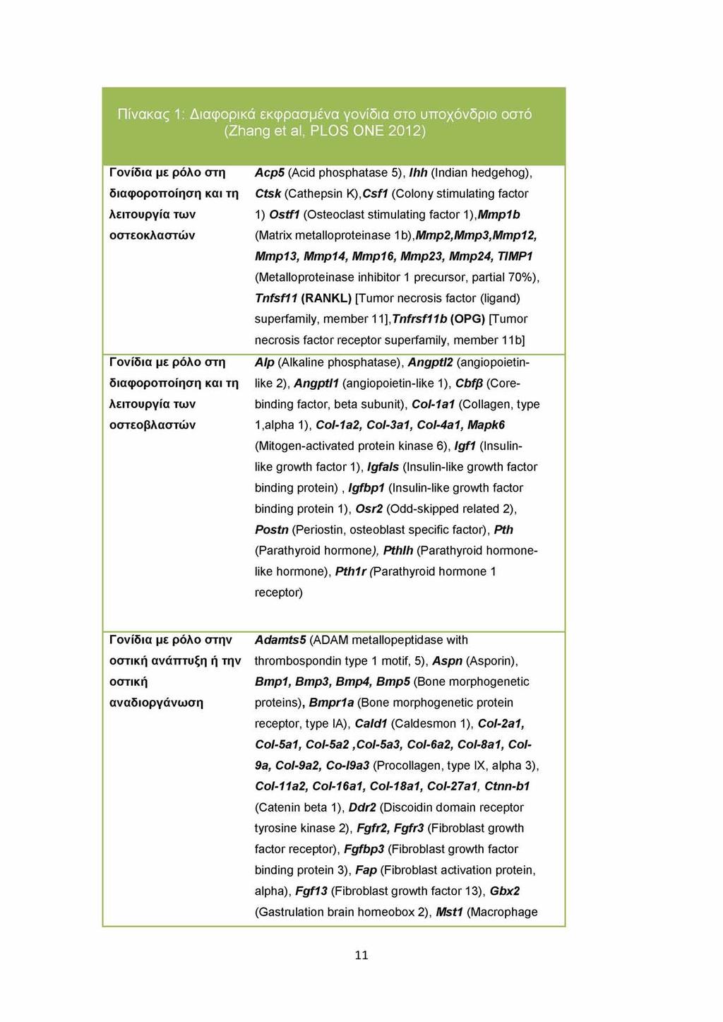 Πίνακας 1: Διαφορικά εκφρασμένα γονίδια στο υποχόνδριο οστό (Zhang et al, PLOS ONE 2012) Γονίδια με ρόλο στη διαφοροποίηση και τη λειτουργία των οστεοκλαστών Γονίδια με ρόλο στη διαφοροποίηση και τη