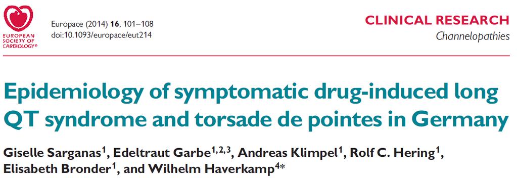 Using a Berlin-wide network of 51 collaborating hospitals (180 clinical departments), adult patients presenting with long QT syndrome (LQTS/TdP) between 2008 and 2011 were identified by active