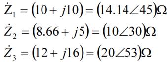 Εμπεδήσεις Ρεύματα Τάσεις Παράδειγμα 2 Έστω το φορτίο του σχήματος όπου: Ζ1: R=10 Ω και L=31.8 mh Ζ2: R=8.66 Ω και L=15.