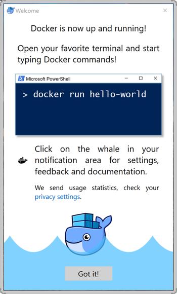 Το εικονίδιο της φάλαινας στο status bar δείχνει ότι το Docker είναι σε λειτουργία και είναι προσβάσιμο από ένα