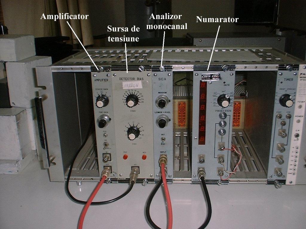 Lanţul de măsură prezentat în figura 11 cuprinde un amplificator, o sursă de alimentare pentru detector, un analizor monocanal şi un numărător electronic.
