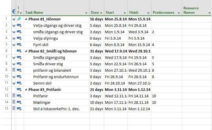 Tímaáætlun, tafla í Project Manager.